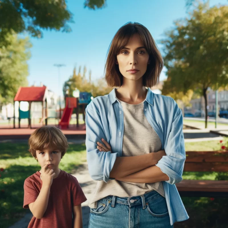 A concerned woman and her young son in a park, both looking pensive. The woman, in her mid-30s with medium-length brown hair and wearing jeans and a light blue shirt, stands with her child, a 5-year-old boy with blond hair in a red T-shirt and blue shorts. They are in a typical park setting with trees, a bench, and a playground in the background, under a clear blue sky