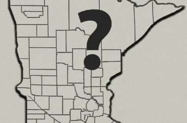 A map of the state of Minnesota with a question mark in the center. Blue Earth County and Ramsey County are outlined in a different color to indicate they are important for the blog post about Minnesota divorce.