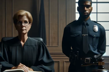 A courtroom scene depicting a contempt of court scenario for a legal blog post. The image features two people: a judge and a police officer. The judge is a Caucasian woman, wearing traditional black robes and glasses, seated authoritatively at a high bench. The police officer, a stern-looking African American man, stands in a dark blue uniform. The background is minimalistic, featuring only essential elements like a flag and wooden panels, creating a clear and focused visual representation of the courtroom setting.