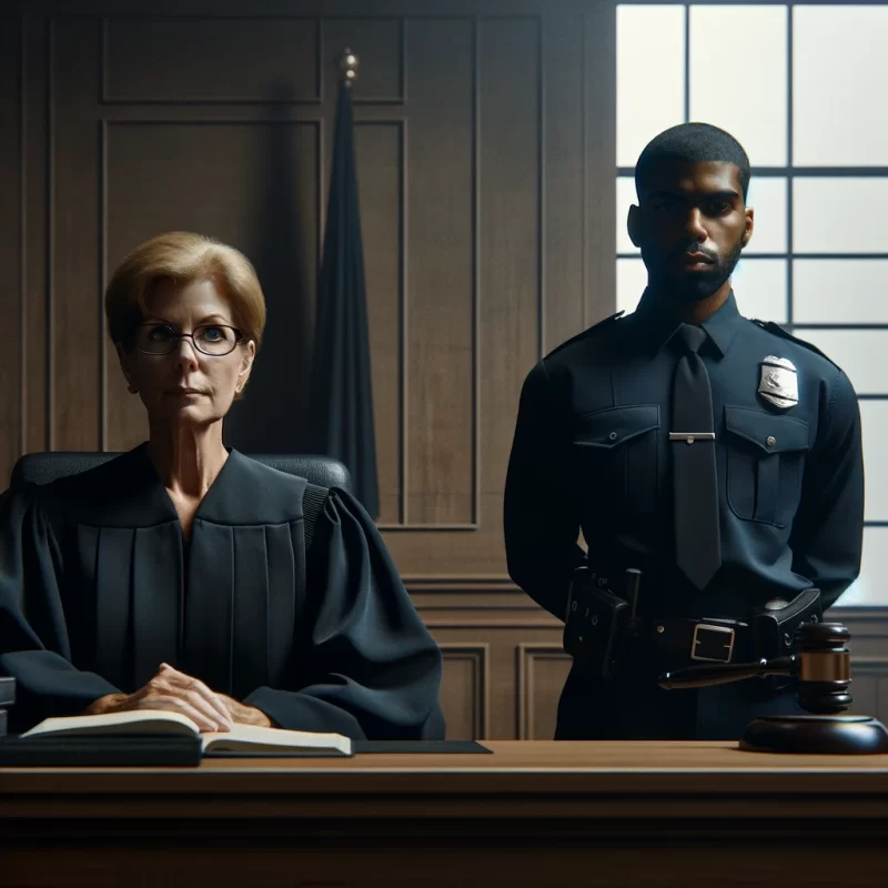 A courtroom scene depicting a contempt of court scenario for a legal blog post. The image features two people: a judge and a police officer. The judge is a Caucasian woman, wearing traditional black robes and glasses, seated authoritatively at a high bench. The police officer, a stern-looking African American man, stands in a dark blue uniform. The background is minimalistic, featuring only essential elements like a flag and wooden panels, creating a clear and focused visual representation of the courtroom setting.