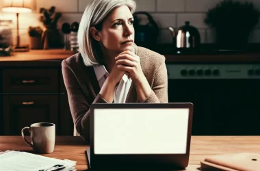 Image of a middle-aged woman sitting at a kitchen table, surrounded by unmarked legal documents and a laptop. She appears thoughtful, gazing at the laptop screen in a cozy home environment with warm lighting and a coffee mug nearby
