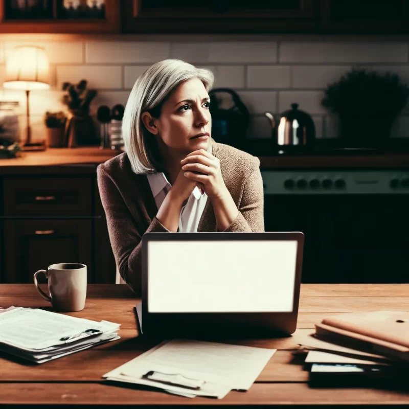 Image of a middle-aged woman sitting at a kitchen table, surrounded by unmarked legal documents and a laptop. She appears thoughtful, gazing at the laptop screen in a cozy home environment with warm lighting and a coffee mug nearby