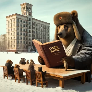 "A whimsical and conceptual illustration set in a snowy Soviet-style landscape, featuring a bear wearing an Ushanka hat and reading a book labeled 'Family Law.' The bear, symbolizing authority and guidance, sits at a wooden table outside, surrounded by a curious group of smaller animals. Behind them, classic Soviet-era apartment blocks rise in the background, completing the theme. This scene humorously captures the idea of discussing serious child support matters in an approachable manne