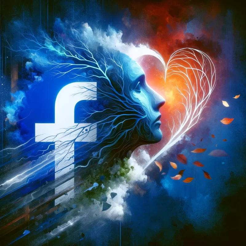 Abstract representation of the impact of social media on relationships, featuring Facebook's iconic blue logo entwined with a broken heart. The image blends digital communication symbols with the emotional distress of a relationship ending, using cool and warm colors to contrast the technological aspects with human emotions