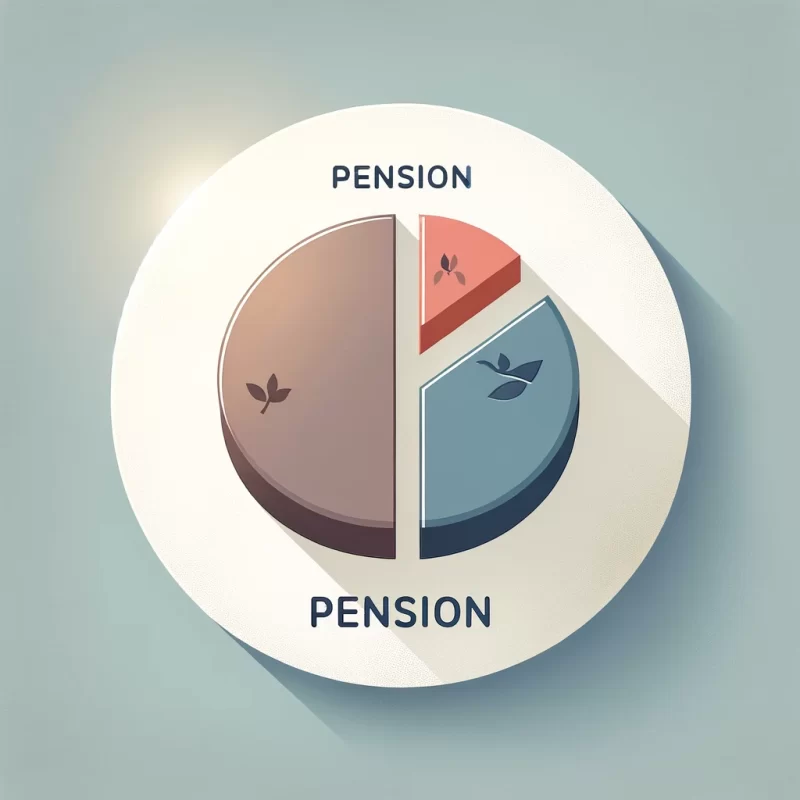 Simple pie chart evenly divided into two halves, symbolizing the equal division of a pension between two parties in a divorce.