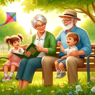 Two grandparents spending quality time with their grandchildren in a park. The grandmother is seated on a bench, reading a book to a young girl with pigtails, while the grandfather flies a kite with a young boy nearby. The scene is set in a lush green park on a sunny day, evoking a sense of joy and familial closeness